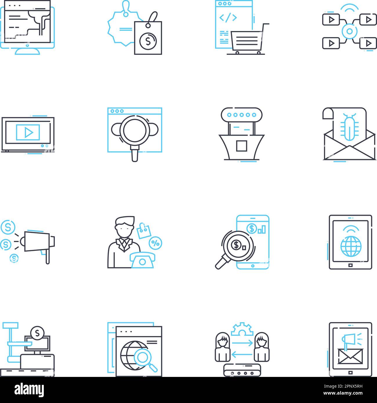 Cyber Monday linear icons set. Deals, Discounts, Savings, Sales, Promotions, Offers, E-commerce line vector and concept signs. Shopping,Online,Flash Stock Vector