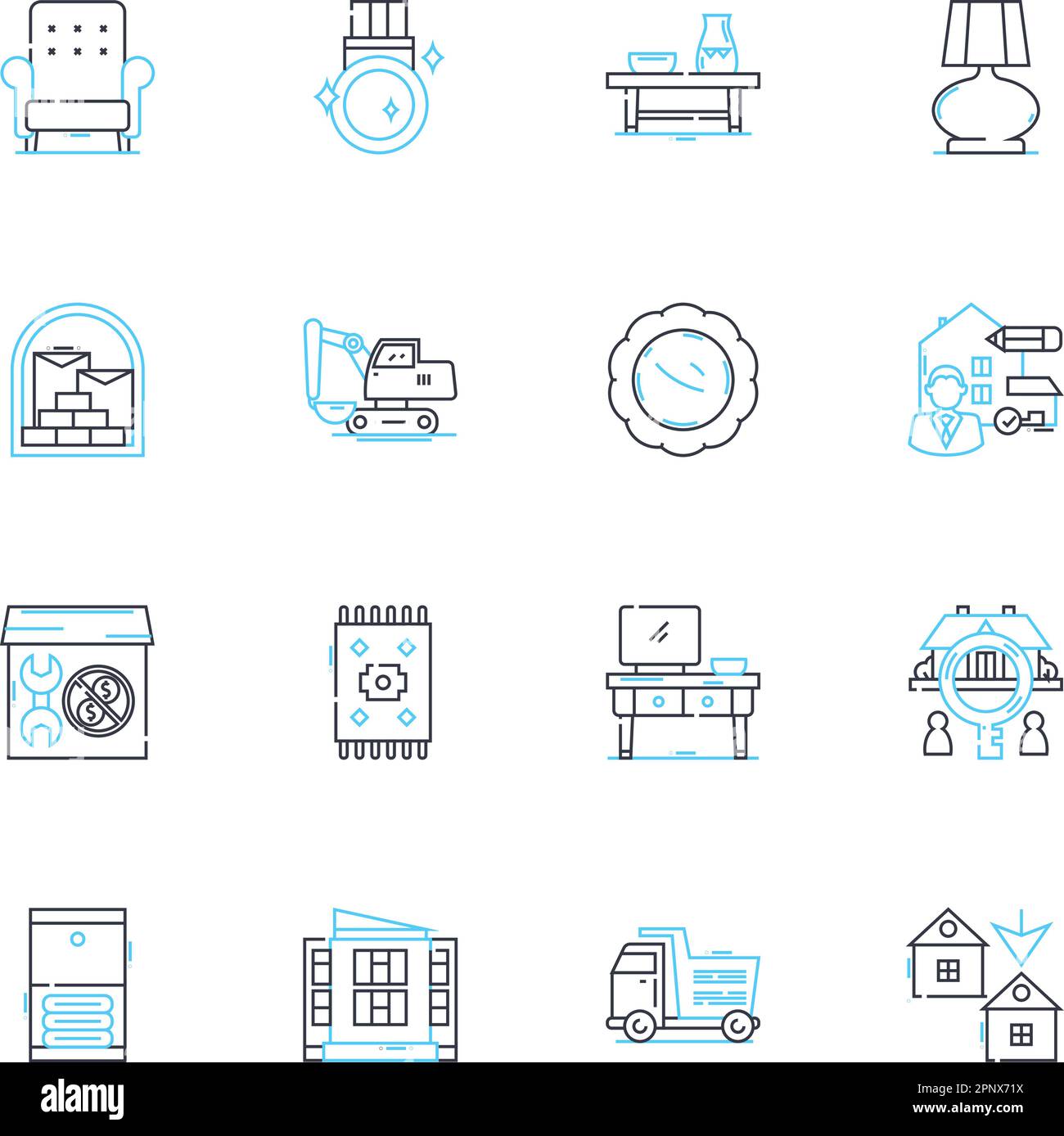 Furniture retail industry linear icons set. Sofas, Chairs, Tables, Beds