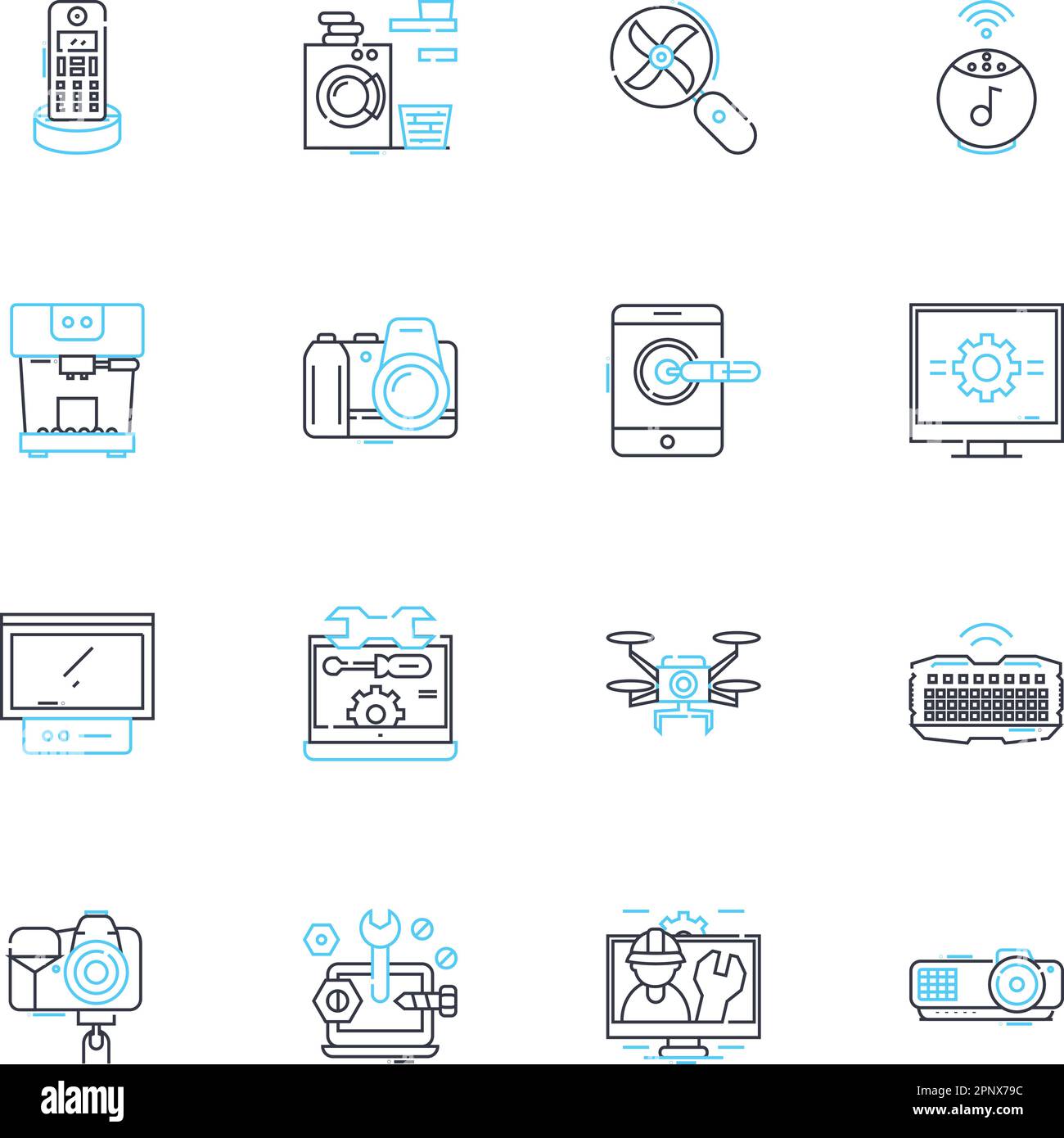 Gadget assistance linear icons set. troubleshooting, support, repair 