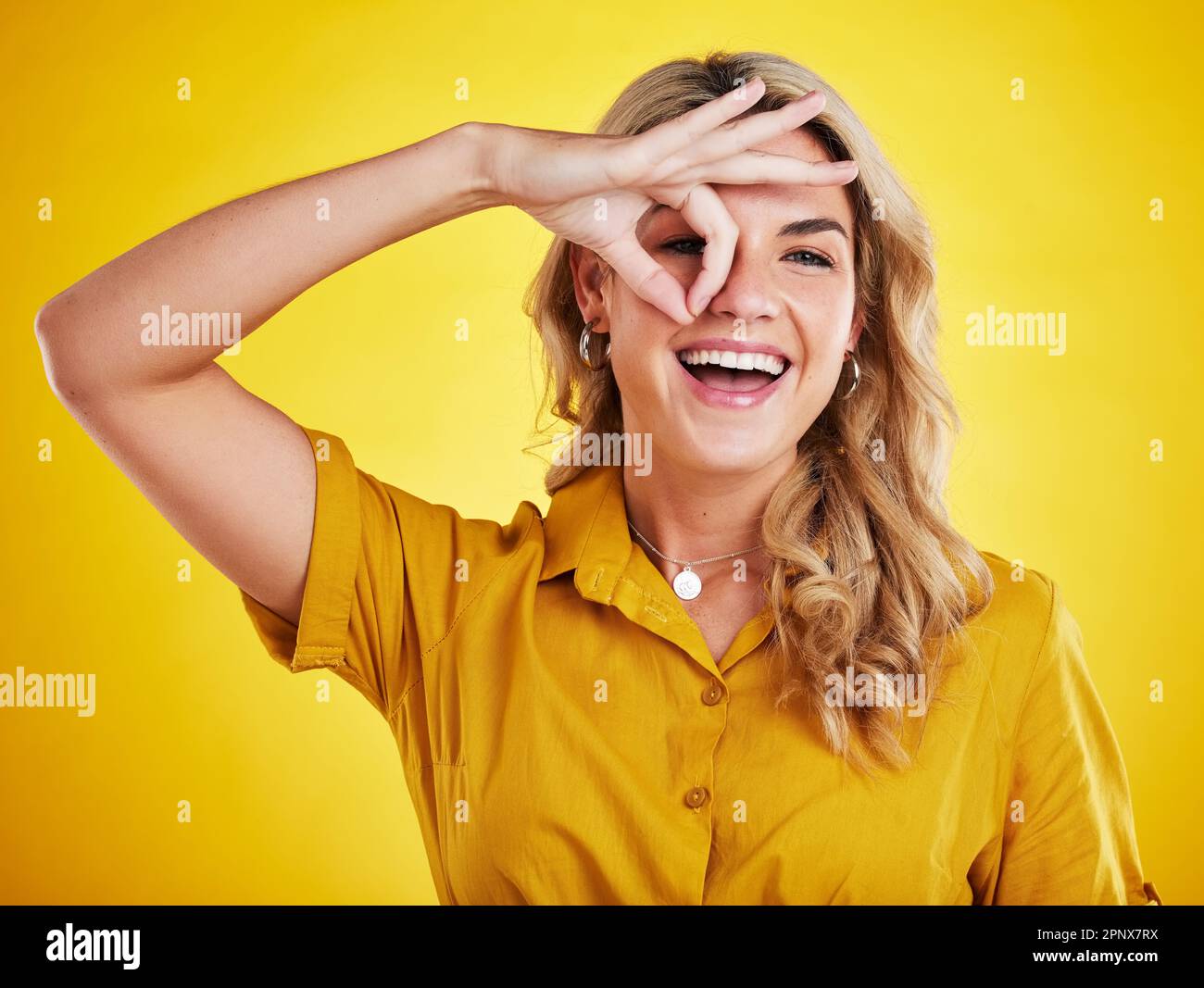 Portrait, happy woman and okay on eyes for good review, motivation and ...