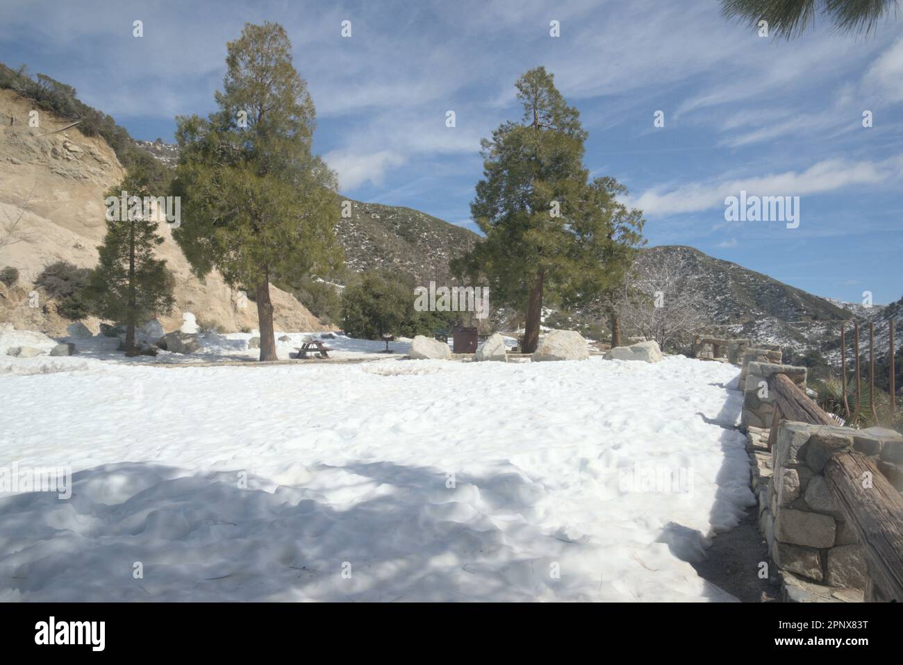 Angeles National forest covered in snow, mother nature's beauty and wonderment mountains 40 miles east of downtown LA,. California lifestyle Stock Photo