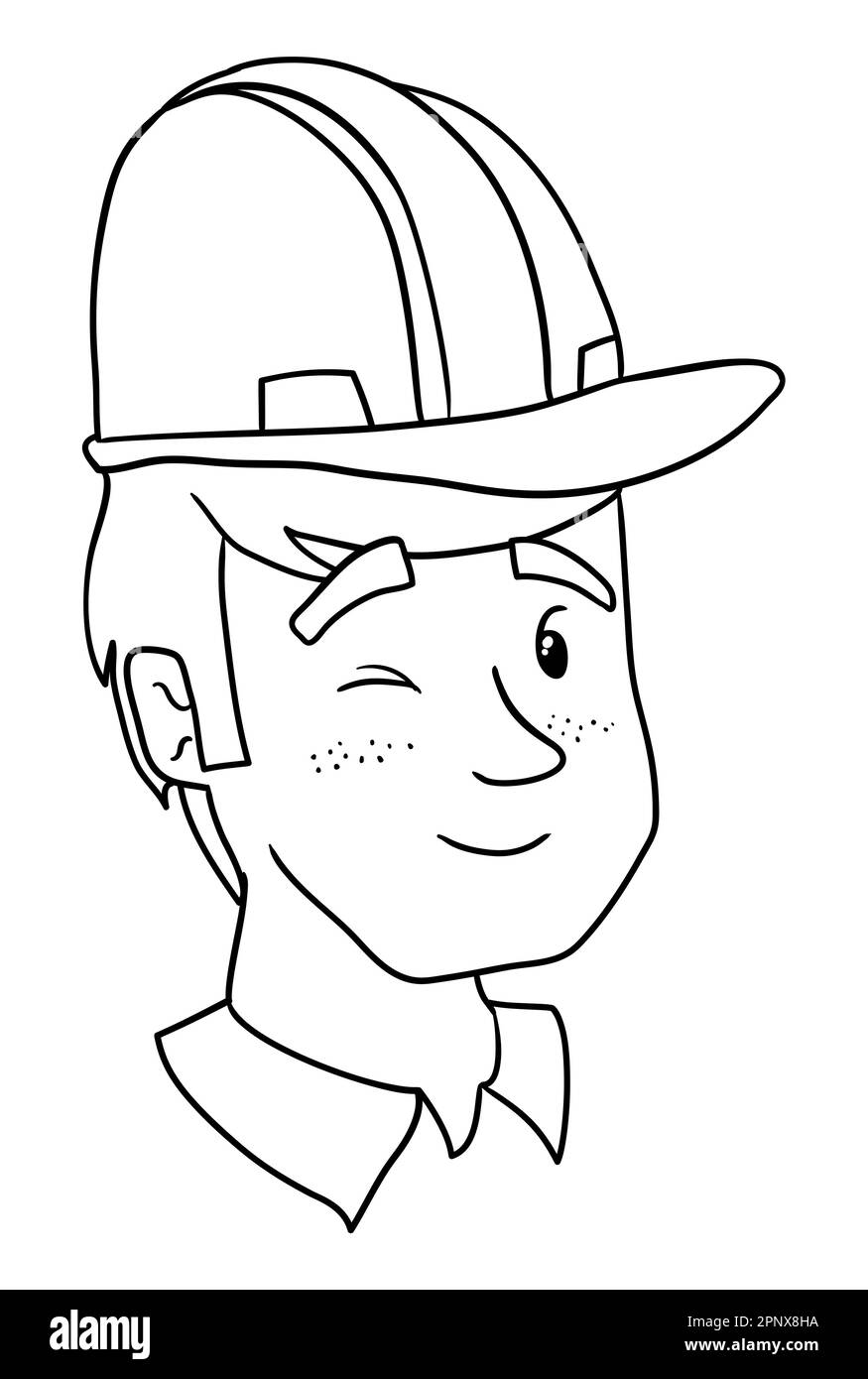 Portrait of worker with winking gesture, freckles and hard hat. Design ...