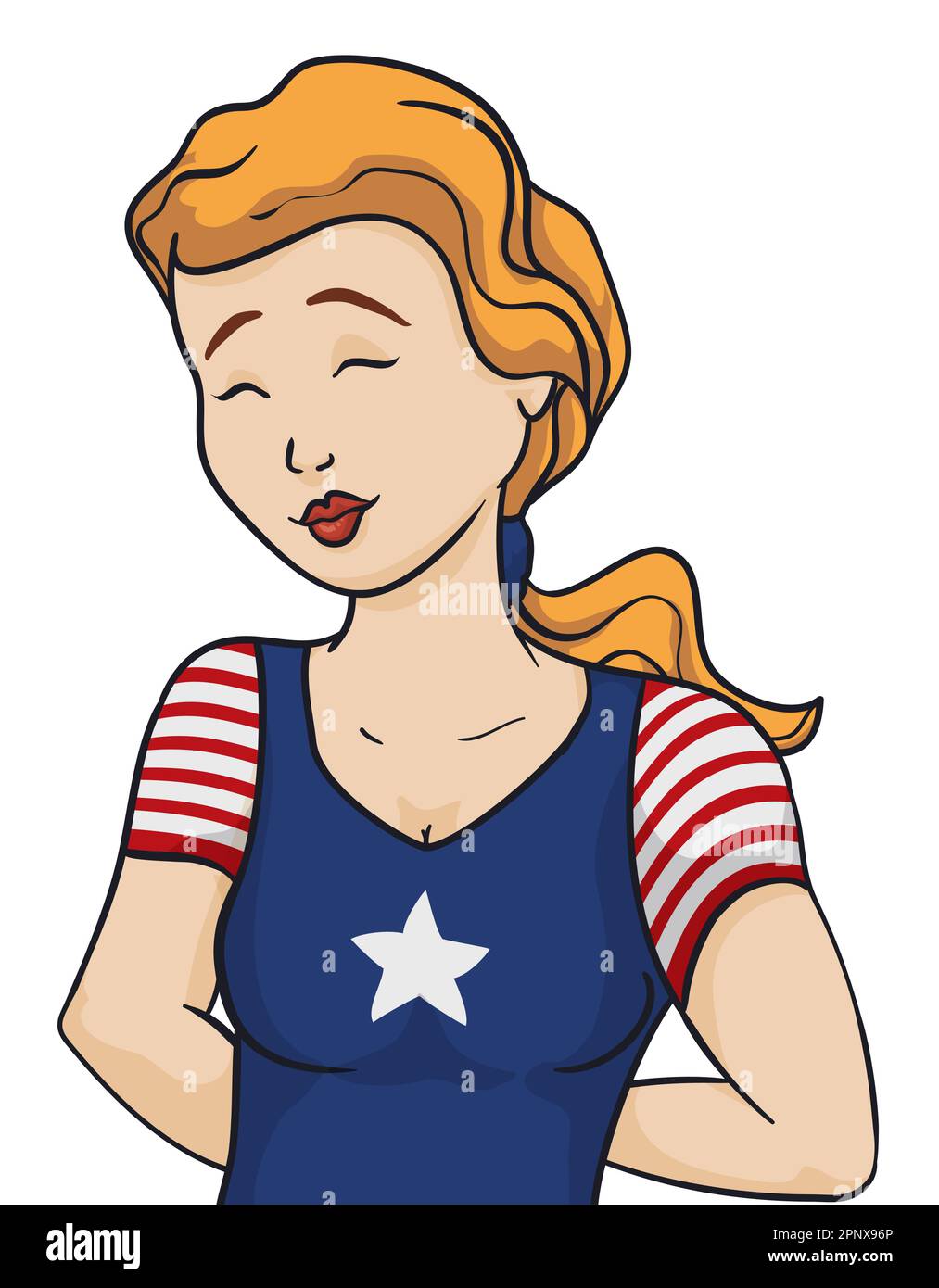 Blonde woman with long hair, wearing a shirt with American design. Cartoon style portrait. Stock Vector