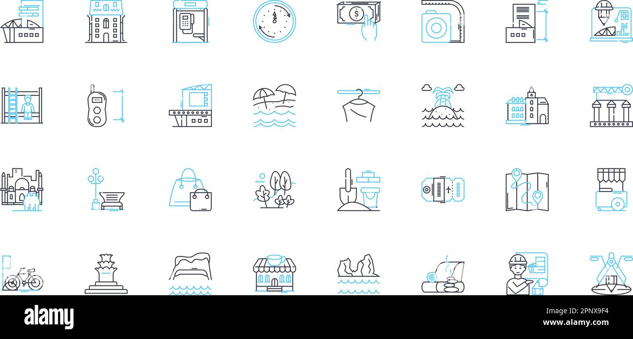 Cozy cottages linear icons set. Quaint, Rustic, Charming, Traditional, Cabin, Peaceful, Serene line vector and concept signs. Tranquil,Warm,Inviting Stock Vector
