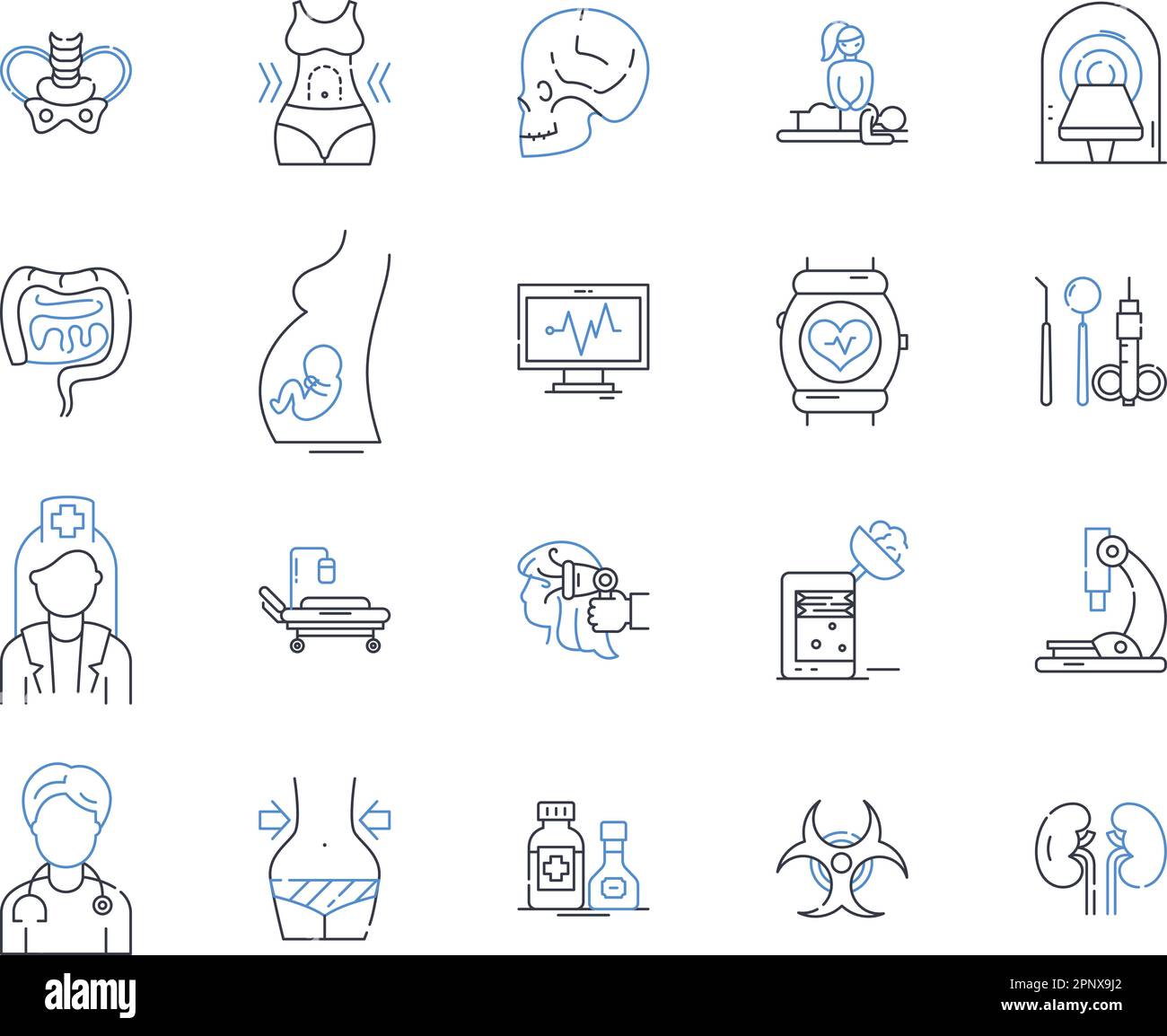 Medical treatment line icons collection. Surgery, Chemotherapy, Radiation, Therapy, Prescription, Medication, Diagnosis vector and linear illustration Stock Vector