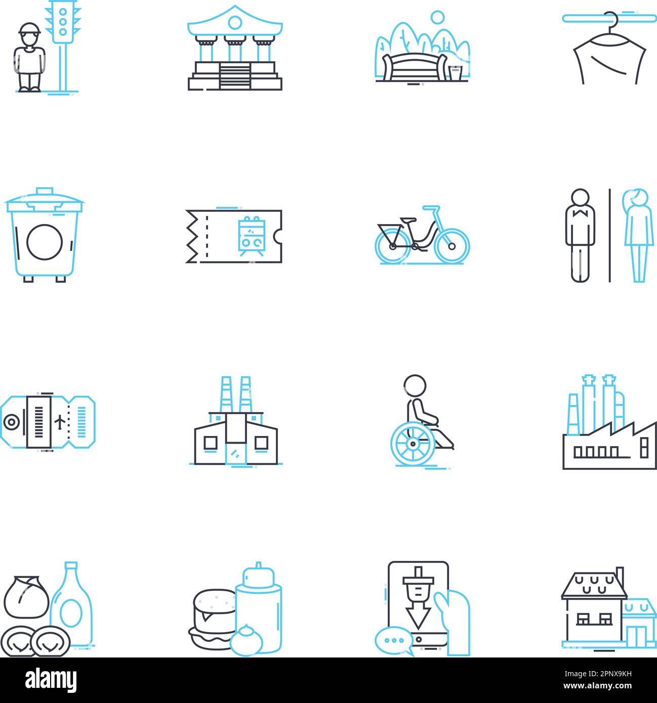 Urban space linear icons set. Gritty, Vibrant, Cosmopolitan, Edgy, Concrete, Hipster, Graffiti line vector and concept signs. Communal,Bustling,Lively Stock Vector