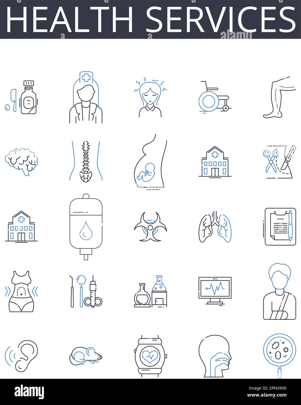 Health services line icons collection. Medical care, Wellness facilities, Healthcare institutions, Physical therapy, Healthcare providers, Holistic Stock Vector