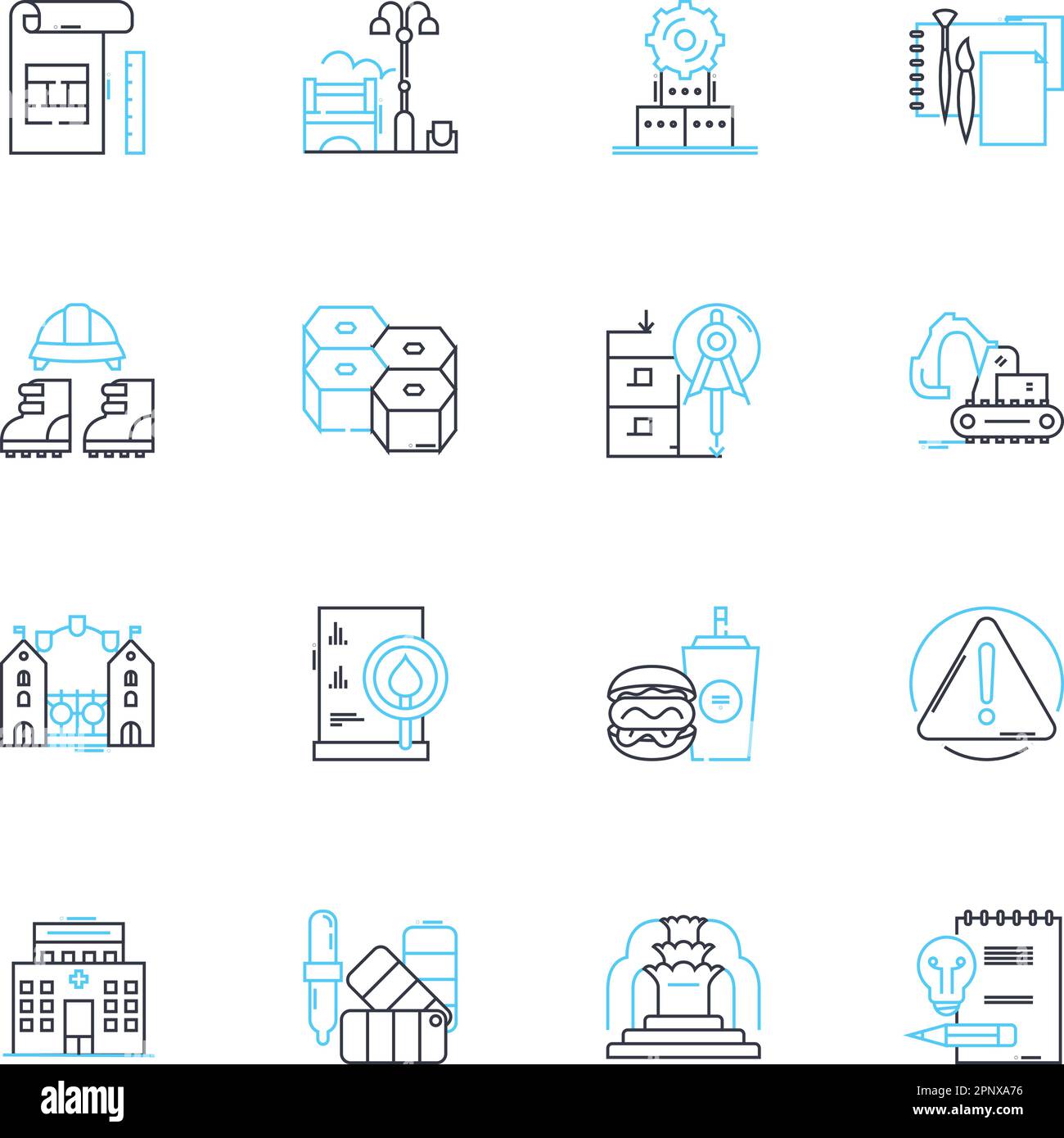 Drafting linear icons set. Blueprint, Design, Sketch, Diagram, Plan, Model, Rendering line vector and concept signs. Engineering,Draft,Layout outline Stock Vector