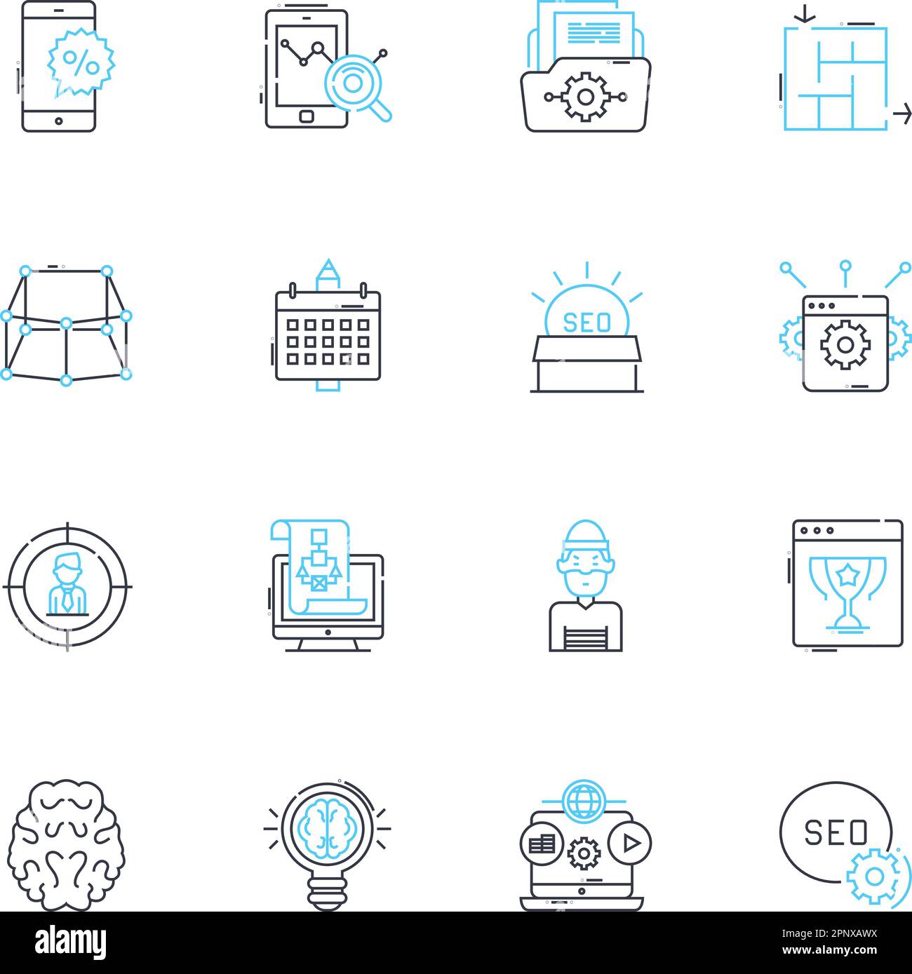 Process transformation linear icons set. Innovation, Efficiency, Automation, Optimization, Lean, Agility, Standardization line vector and concept Stock Vector