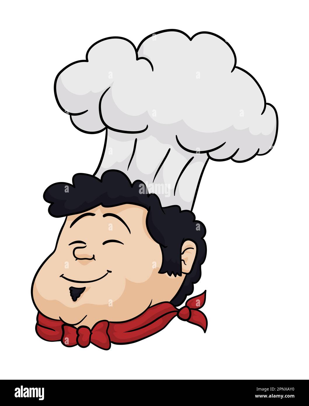 Smiling head of chubby cook with red neckerchief and tall chef's hat in carton style. Stock Vector