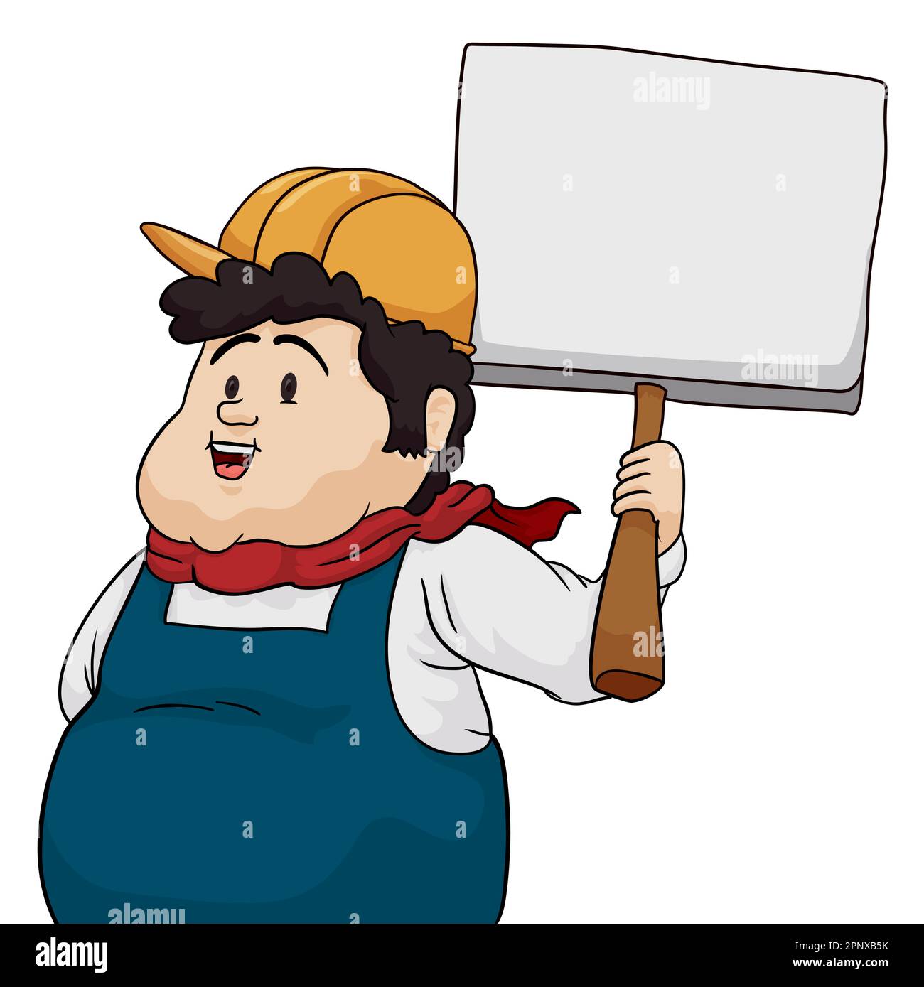 Template design with chubby brunette workman with hard hat, neckerchief and overalls, holding an empty placard. Design in cartoon style. Stock Vector