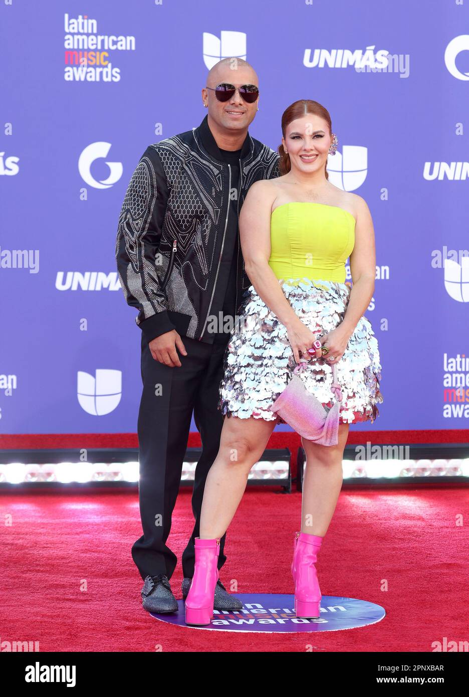 Las Vegas, United States. 20th Apr, 2023. (L-R) Wisin and Yomaira Ortiz Feliciano attend the 8th annual Latin American Music Awards at the MGM Grand Garden Arena in Las Vegas on Thursday, April 20, 2023. The annual event honors outstanding achievements for artists in the Latin music industry. Photo by James Atoa/UPI Credit: UPI/Alamy Live News Stock Photo