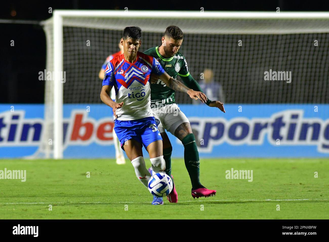 SAO PAULO,BRAZIL - APRIL 20: Robert Morales and Zé Rafael during the match between Palmeiras and Cerro Porteño as part of Group C of The Conmebol Libertadores 2023 at Morumbi Stadium on April 20, 2023, in São Paulo, Brazil. (Photo by Leandro Bernardes/PxImages) Stock Photo