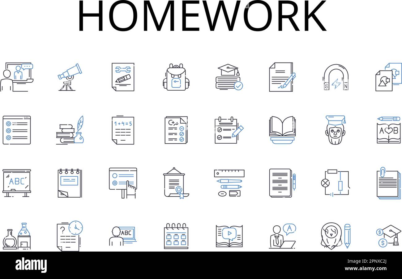 Homework line icons collection. Assignment-task, Project-activity, Test-exam, Essay-paper, Reading-study, Presentation-talk, Quiz-questionnaire vector Stock Vector