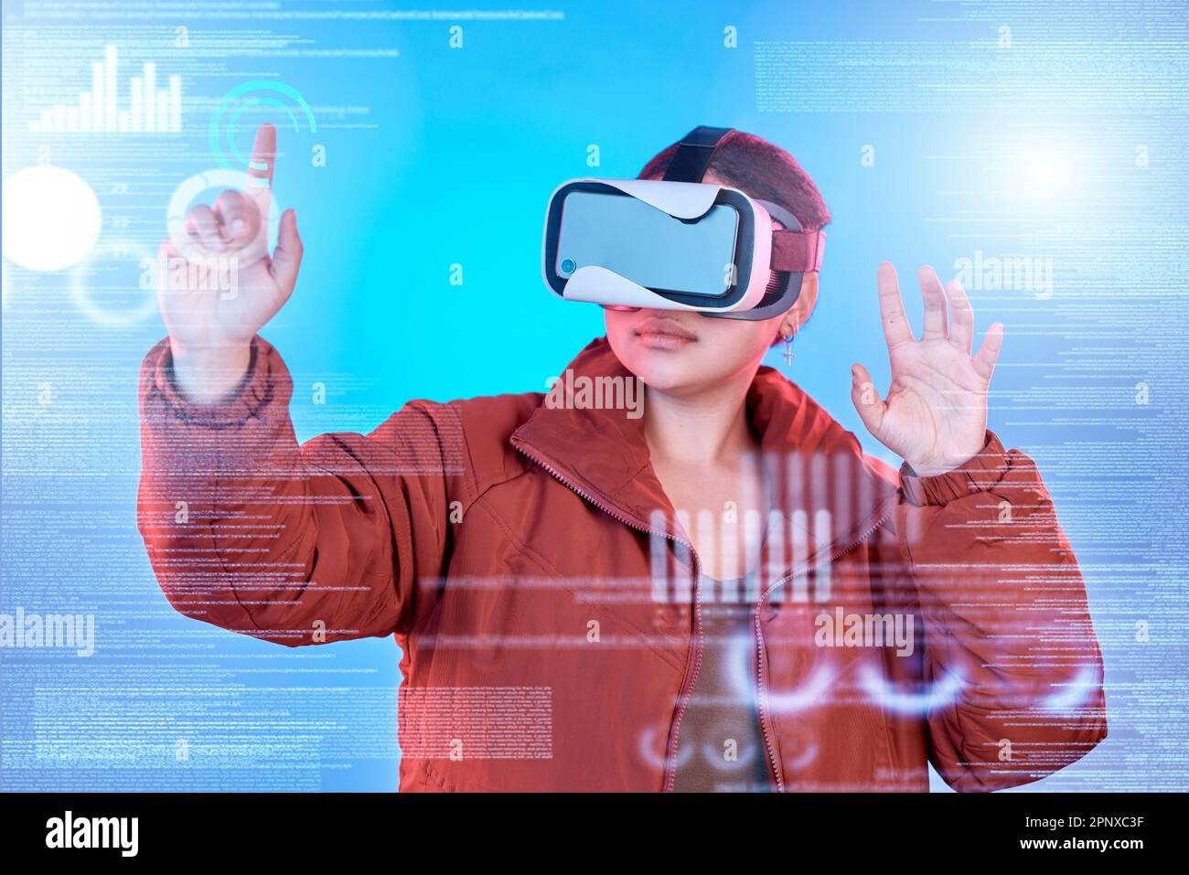 3d, woman or virtual reality glasses with overlay for digital ...