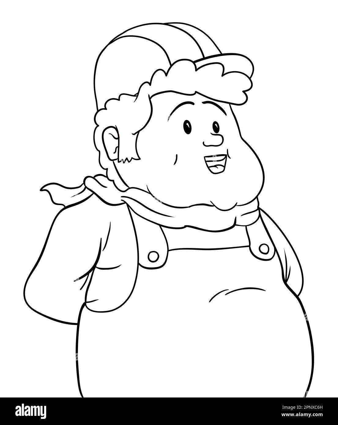 Happy chubby workman with hard hat, neckerchief and bib overalls in outlines for coloring. Stock Vector