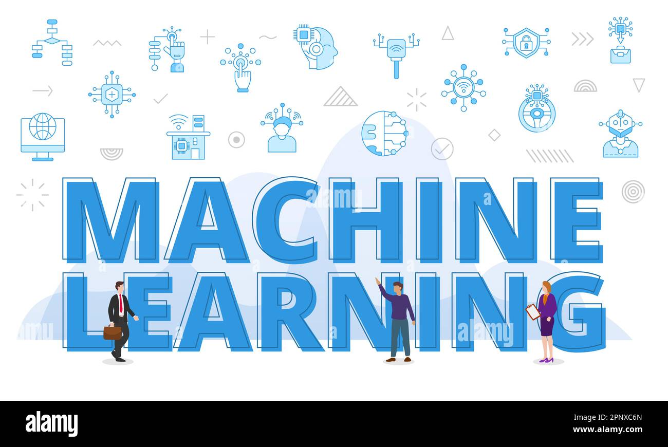 machine learning concept with big words and people surrounded by related icon with blue color style vector Stock Photo