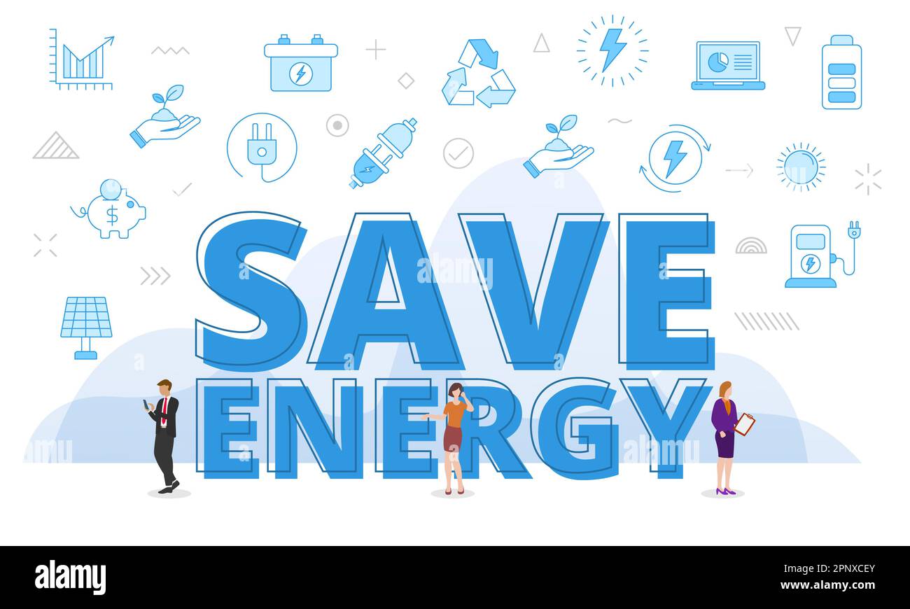 save energy concept with big words and people surrounded by related ...