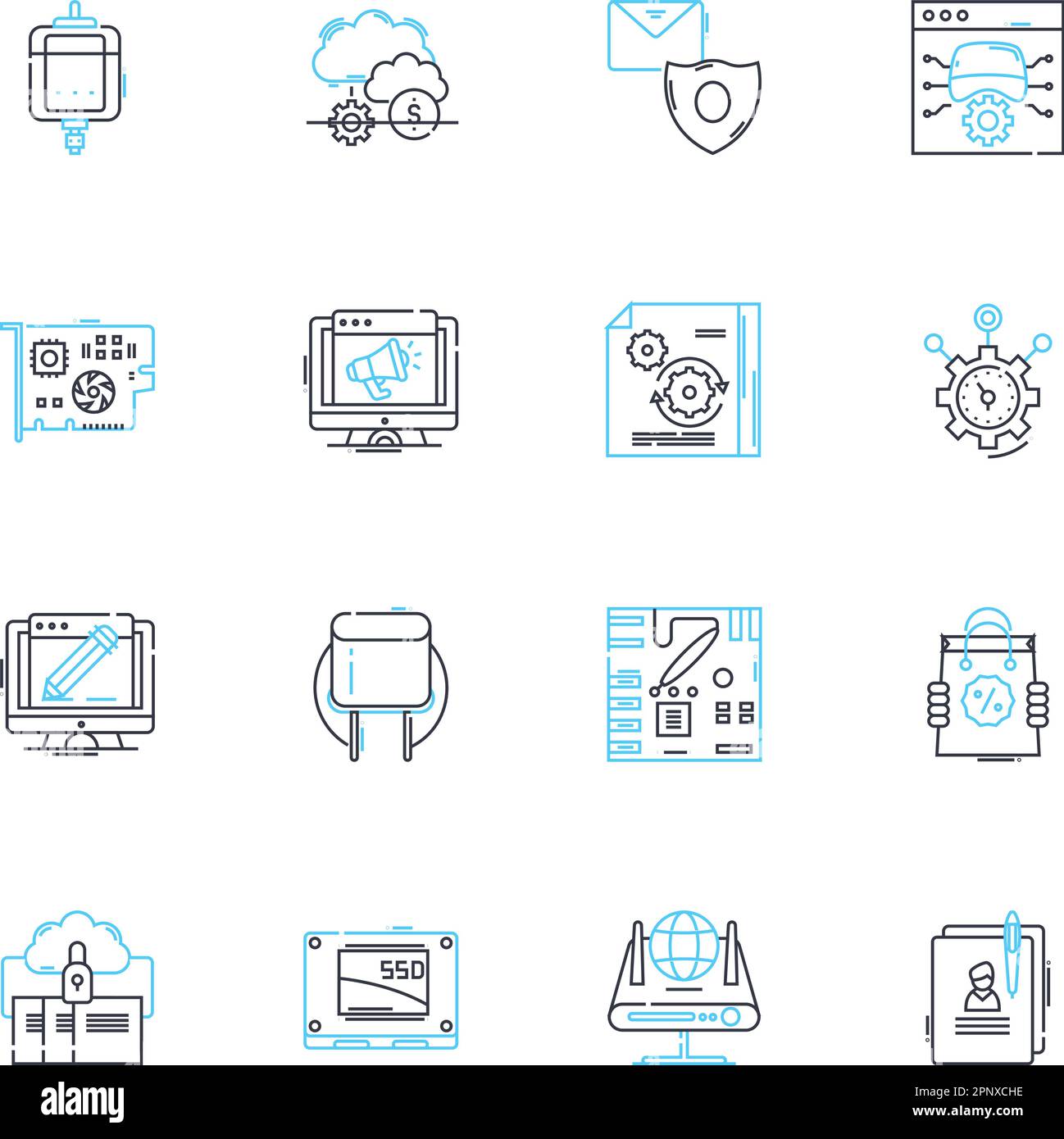 Artificial intelligence linear icons set. Robotics, Automation, Machine Learning, Algorithms, Neural Nerks, Expert Systems, Cognitive Computing line Stock Vector
