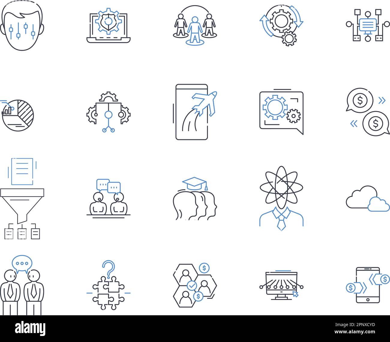 Concatenation line icons collection. Joining, Merging, Linking, Appending, Combining, Fusion, Union vector and linear illustration. Integration Stock Vector