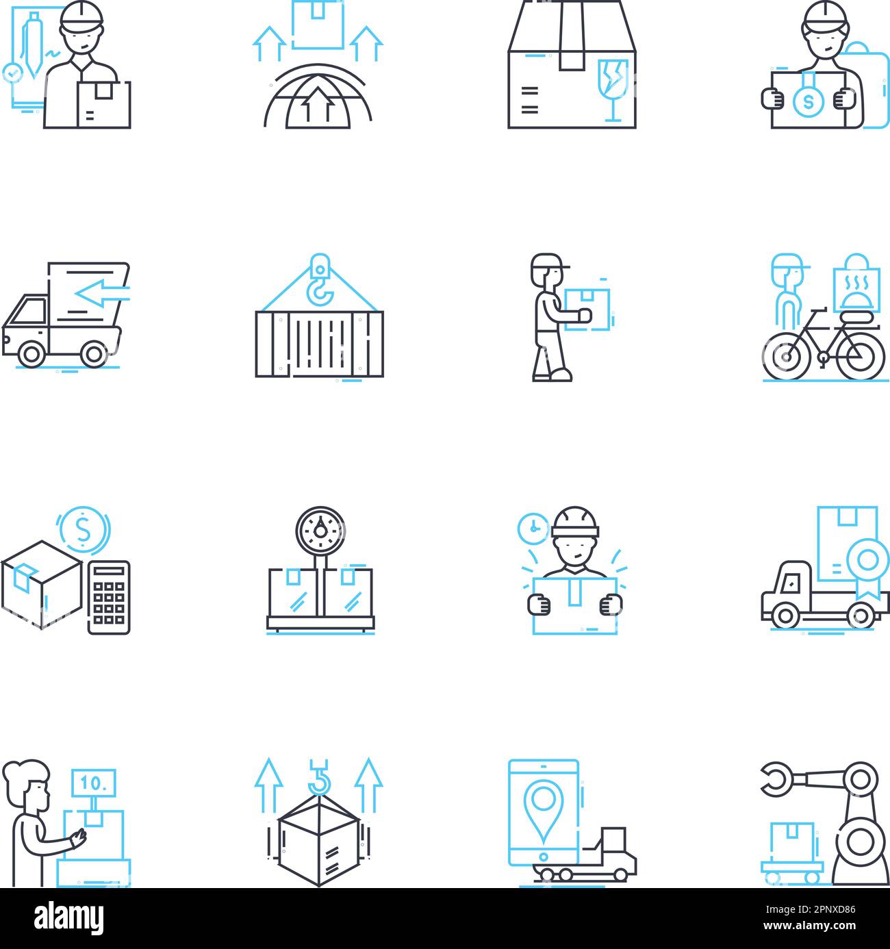 Transport logistics linear icons set. Freight, Trucking, Distribution, Shipping, Haulage, Supply chain, Warehousing line vector and concept signs Stock Vector