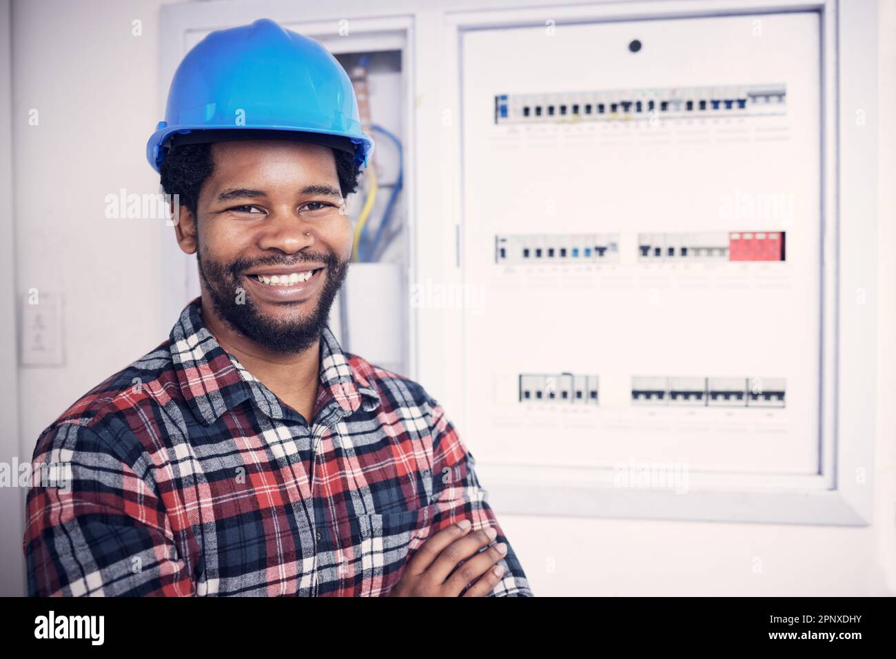 Black man in portrait, technician and electricity fuse box, check power