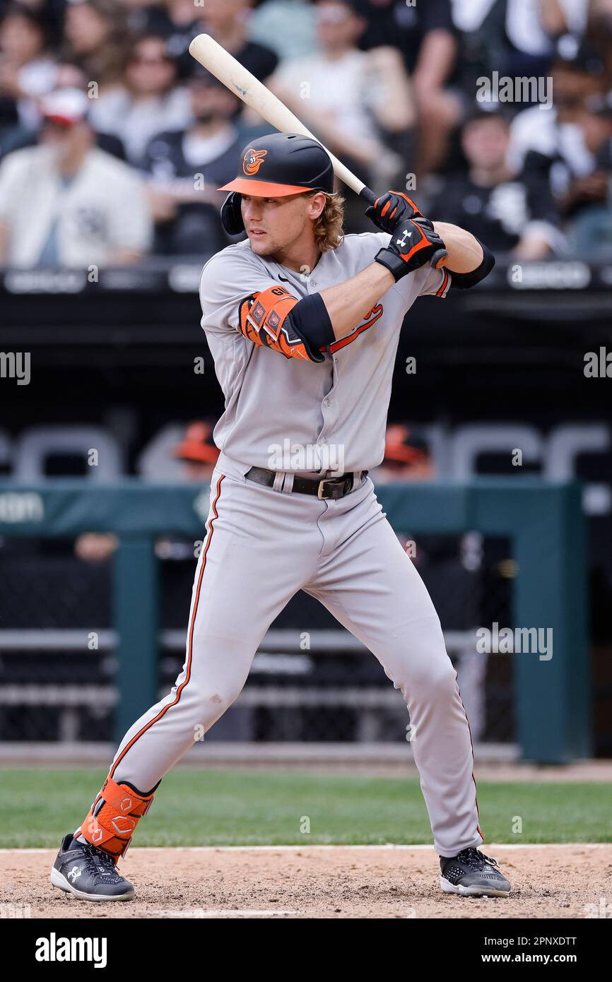 CHICAGO, IL - APRIL 15: Baltimore Orioles shortstop Jorge Mateo (3) bats  during an MLB game against the Chicago White Sox on April 15, 2023 at  Guaranteed Rate Field in Chicago, Illinois. (