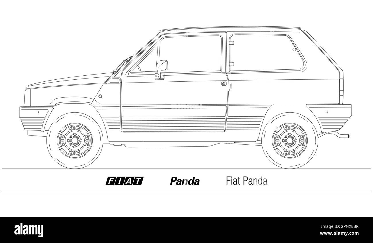 Italy, year 1980, first serie Fiat Panda model, vintage classic car, illustration outlined Stock Photo