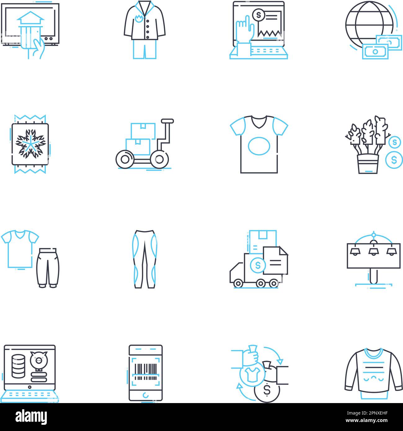 Clothes browsing linear icons set. Fashion, Styles, Colorful, Trending, Catalog, Outfit, Grooming line vector and concept signs. Lavish,Modish,High Stock Vector