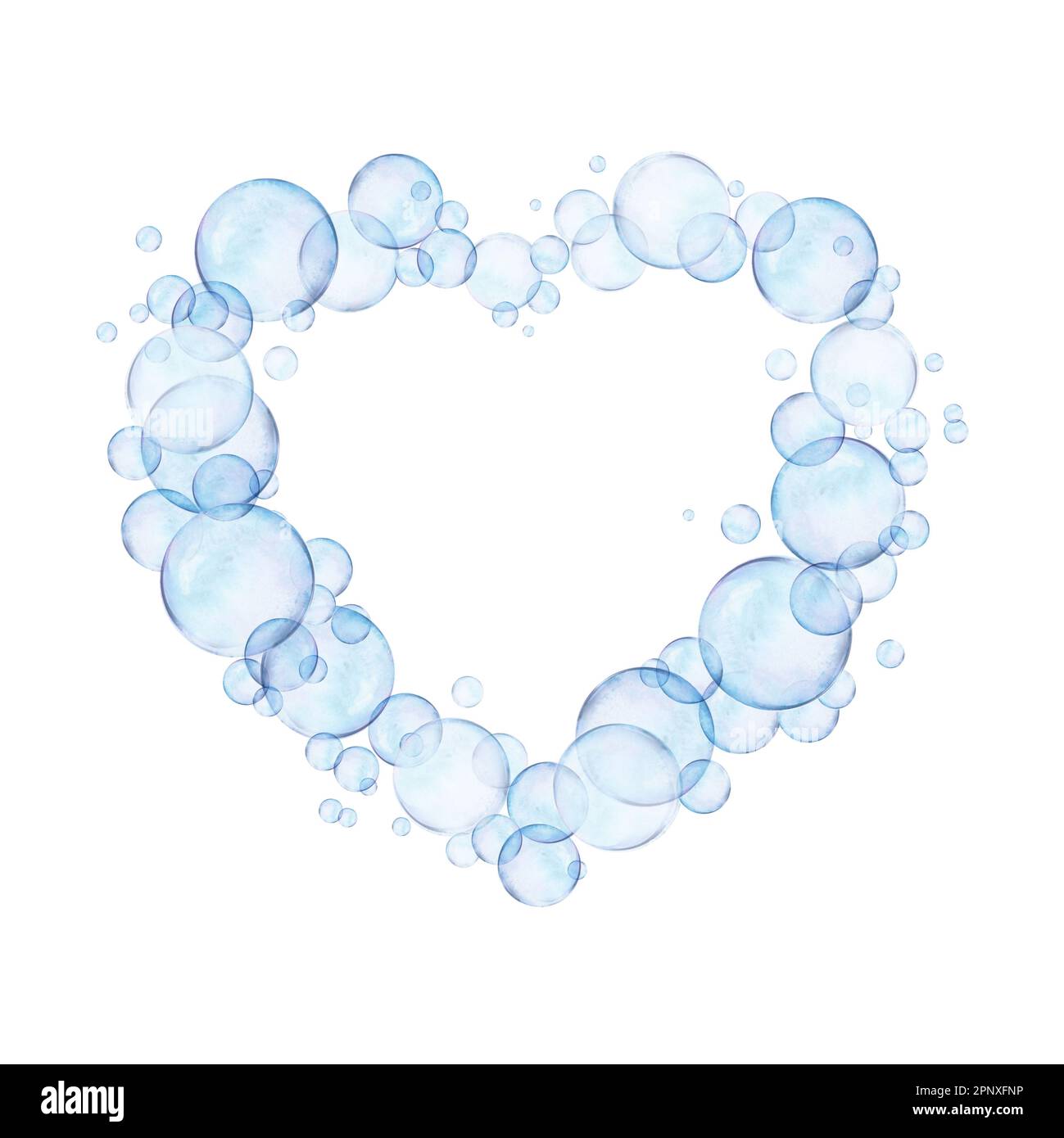 Watercolor drawn heart frame from different size blue air bubbles on