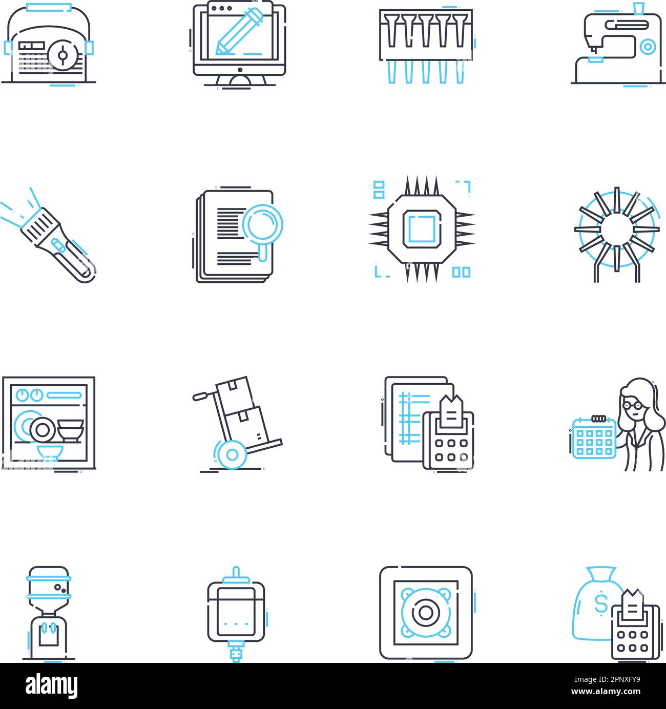 Apparatus provisions linear icons set. Gear, Tools, Equipment, Utensils, Appliances, Instruments, Machinery line vector and concept signs. Devices Stock Vector