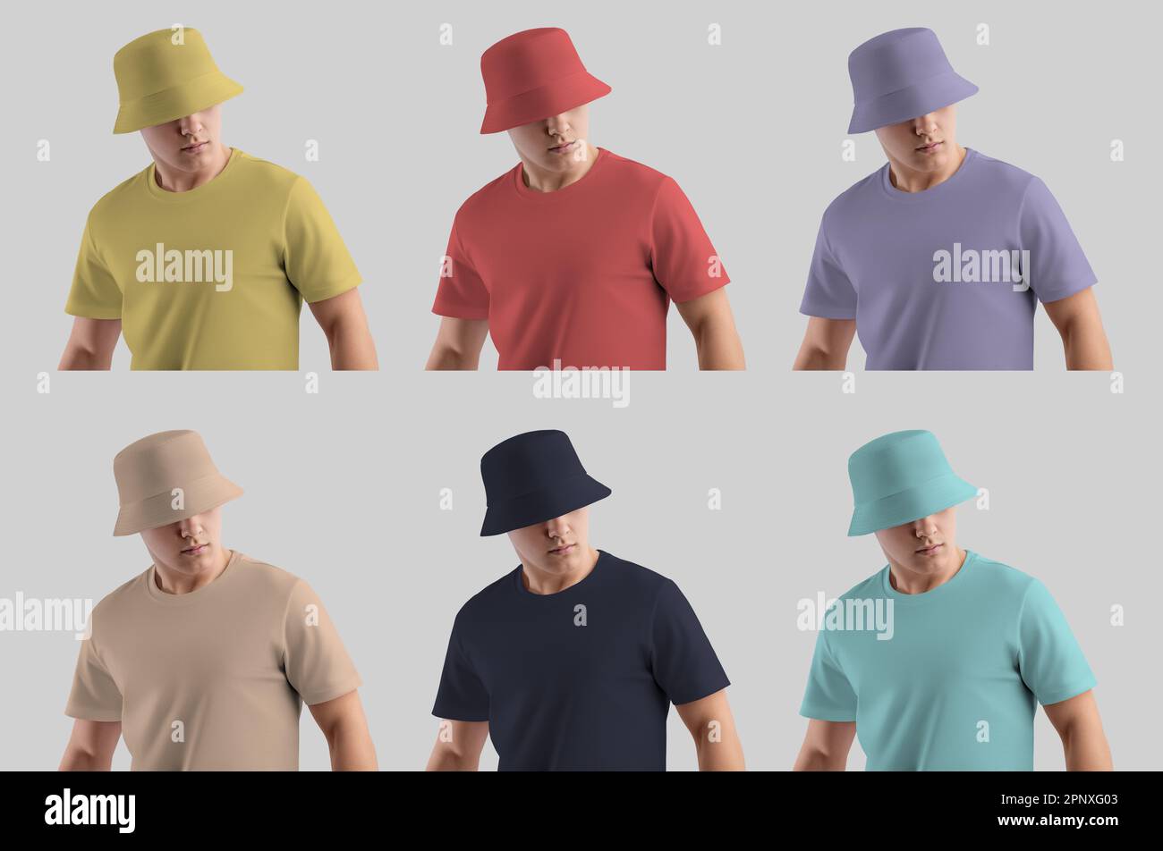 Mockup of a yellow, violet, dark blue, tan, nude, red, turquoise hat on a guy in a t-shirt, isolated on a background. Template of fashion summer panam Stock Photo