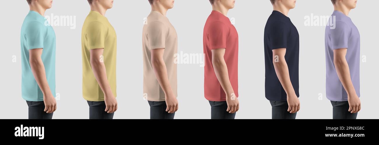 Bright t-shirt template on athletic guy, side view, shirt with place for design, print, branding. Mockup of fashion textured clothing, men's shirt iso Stock Photo