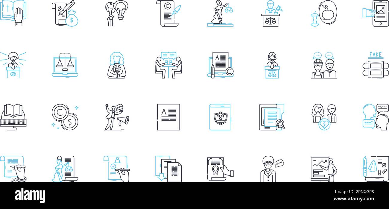 Court authority linear icons set. Jurisdiction, Judge, Judicial, Ruling, Order, Verdict, Bench line vector and concept signs. Trial,Hearing Stock Vector