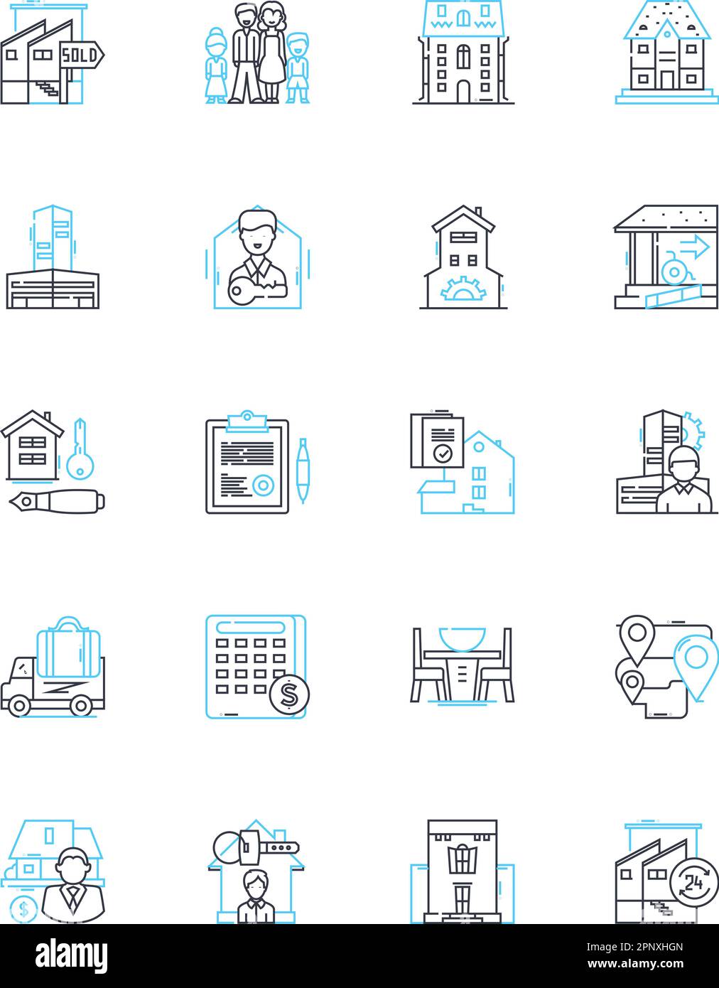 Merchandising realty linear icons set. staging, positioning, showcasing ...