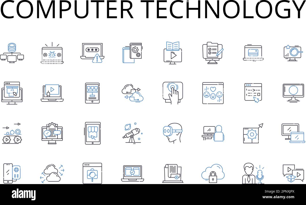 Computer technology line icons collection. Information technology, Digital innovation, Electronic advancement, Technological progress, Cyber space Stock Vector