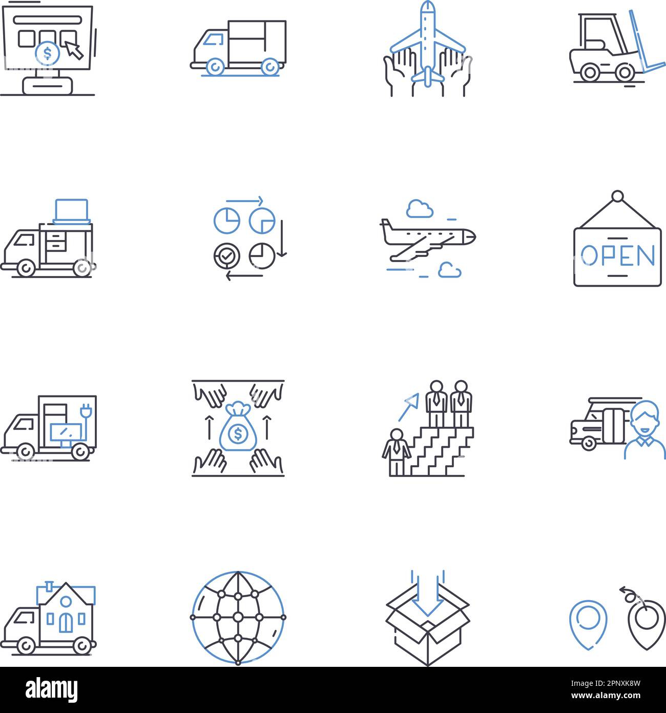 Infrastructure development line icons collection. Roads, Bridges, Highways, Railways, Dams, Airports, Ports vector and linear illustration Stock Vector