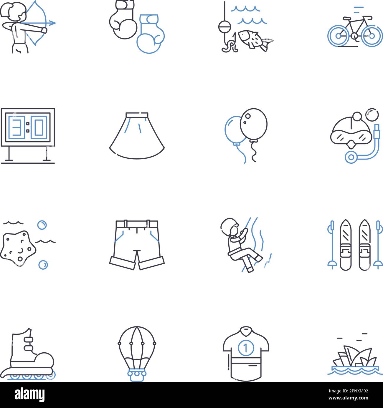 Water skiing line icons collection. Skis, Boat, Wake, Spray, Rooster