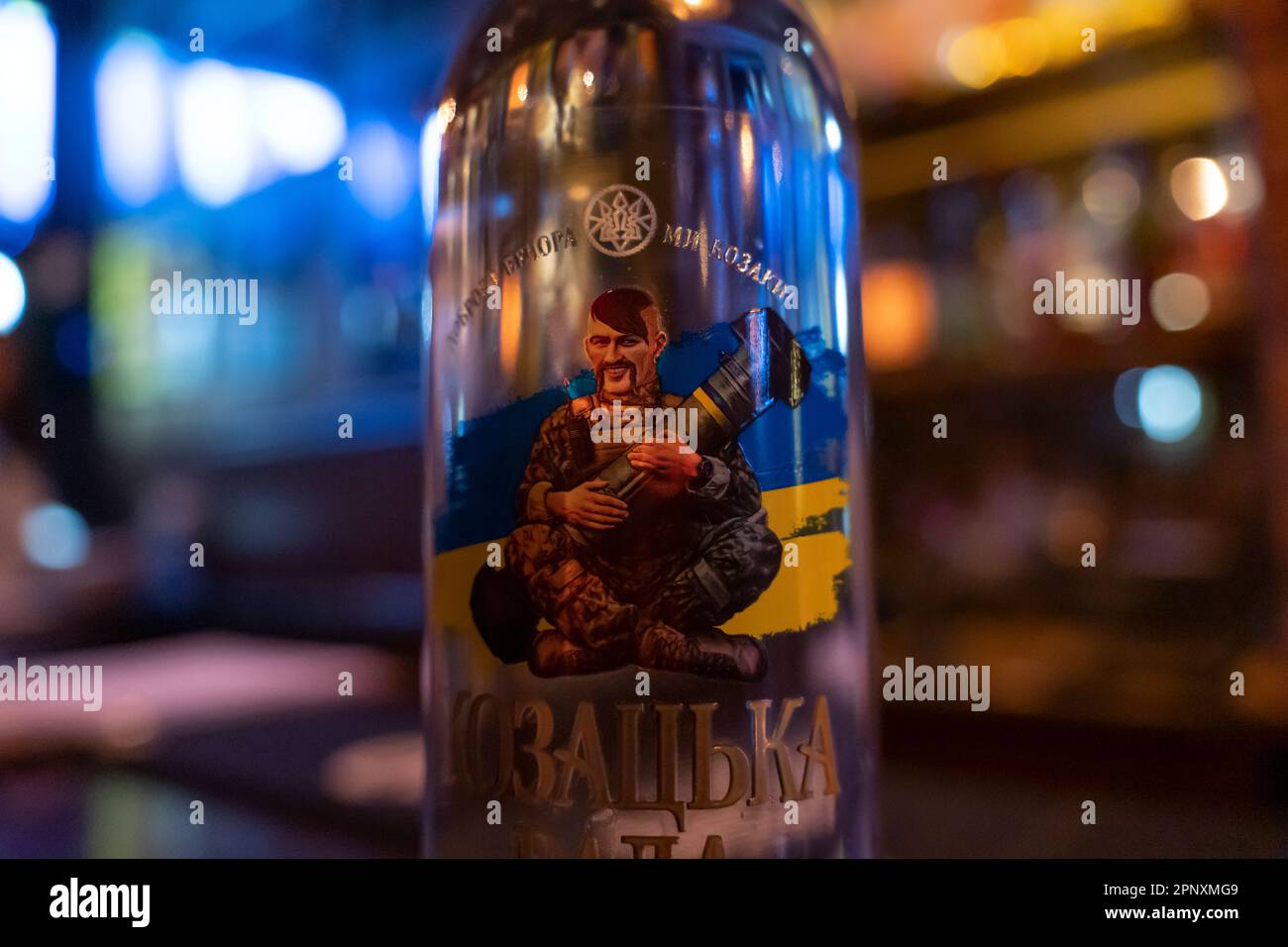 A bottle of Vodka Cossack Council Javelin with the image of a Ukrainian soldier holding a