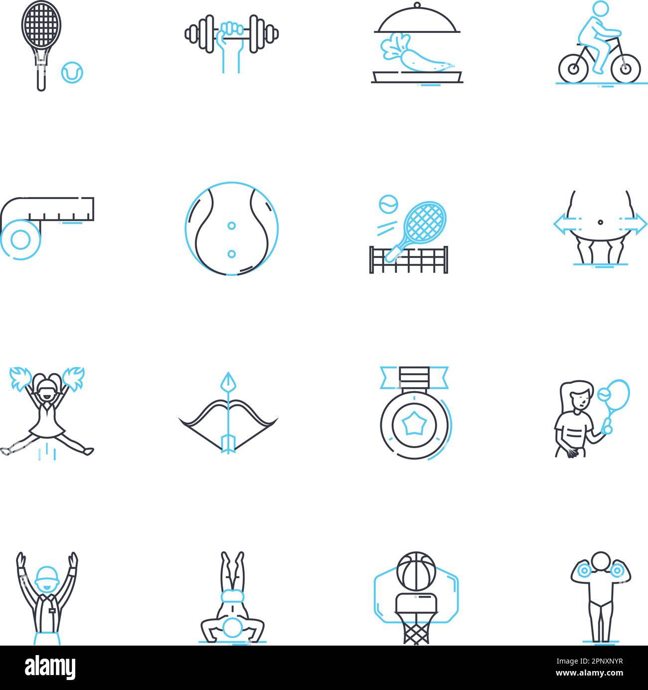 Fitness linear icons set. Strength, Cardio, Endurance, Agility, Flexibility, Bodyweight