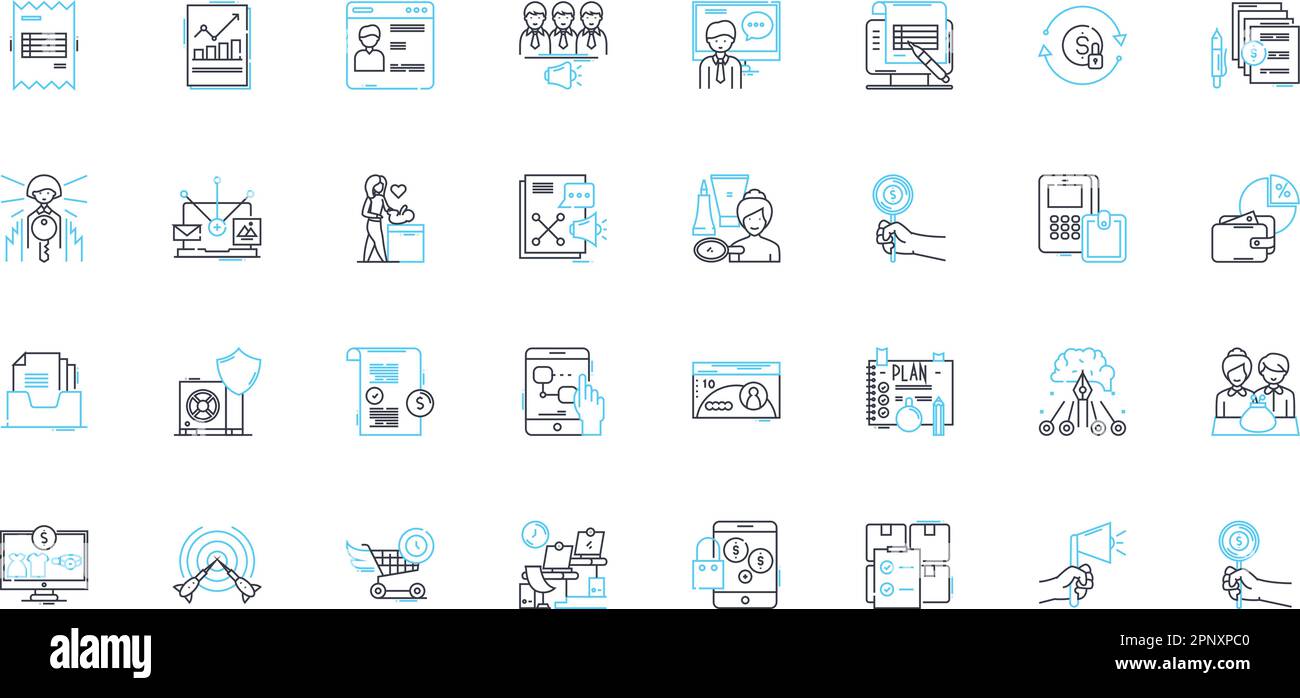 Cost management linear icons set. Budgeting, Forecasting, Analysis, Tracking, Optimization, Reduction, Control line vector and concept signs. Planning Stock Vector