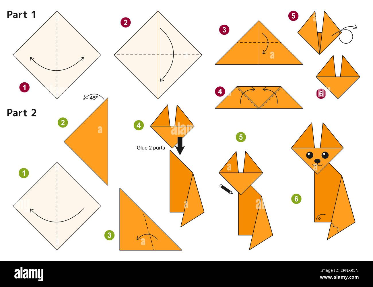 Origami tutorial for kids. Origami cute fox. Stock Vector