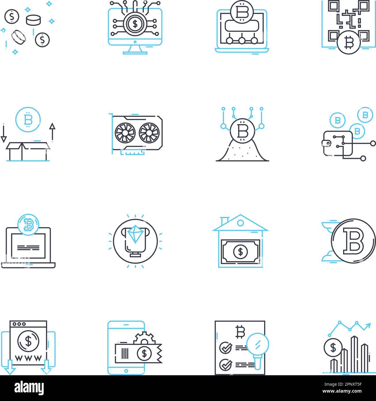 Blockchain technology linear icons set. Decentralization, Cryptocurrency, Security, Transparency, Smart contracts, Immutable, Distributed line vector Stock Vector