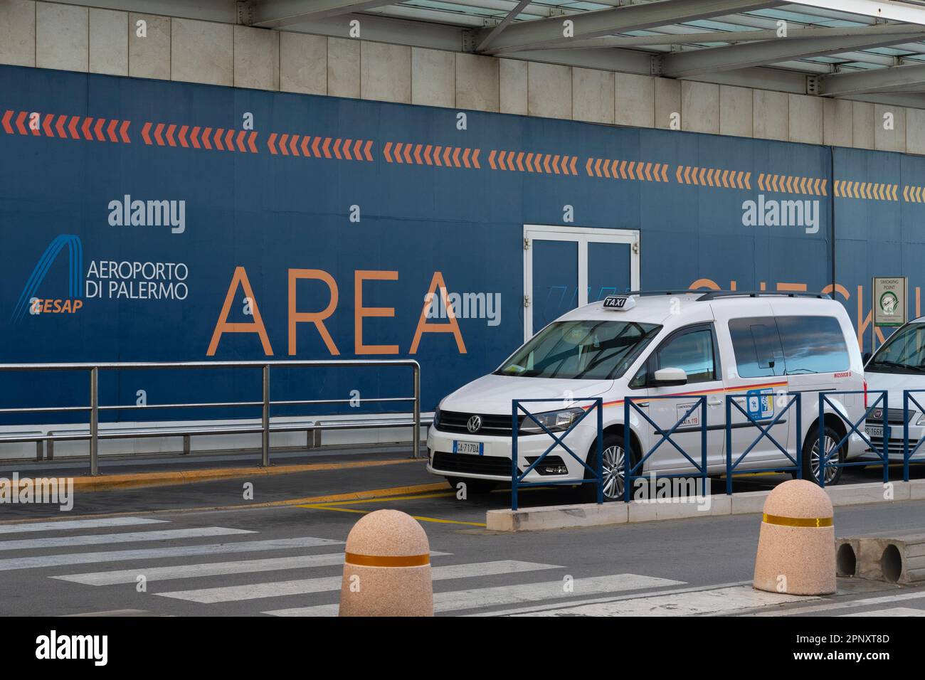 Palermo, Italy - January 08, 2023 - Taxi waiting in front of Palermo airport Stock Photo