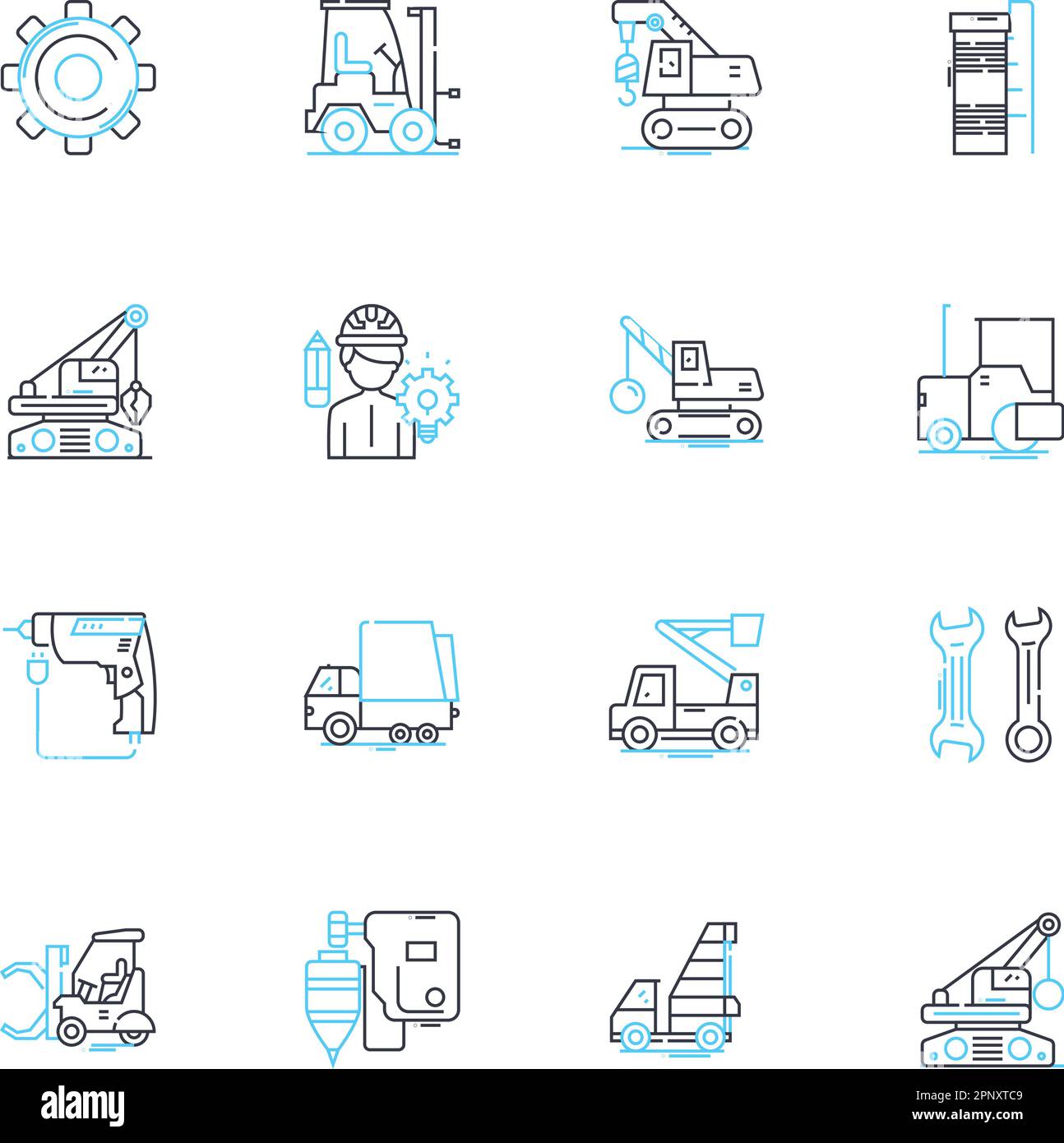 Agricultural equipment linear icons set. Tractor, Harvester, Seeder ...