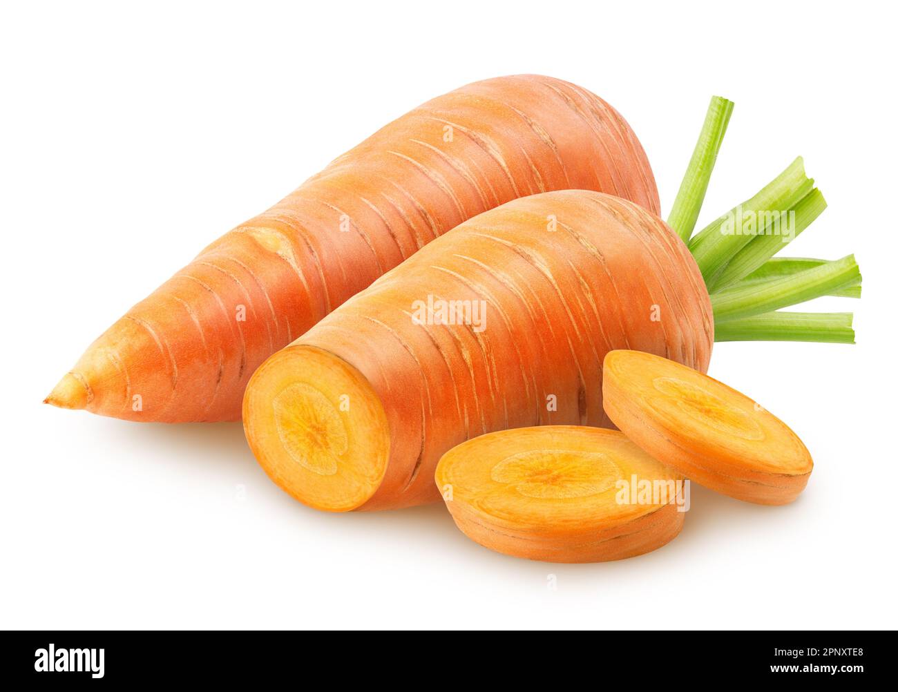 Group of carrots. Whole and cut carrot, slices isolated on white