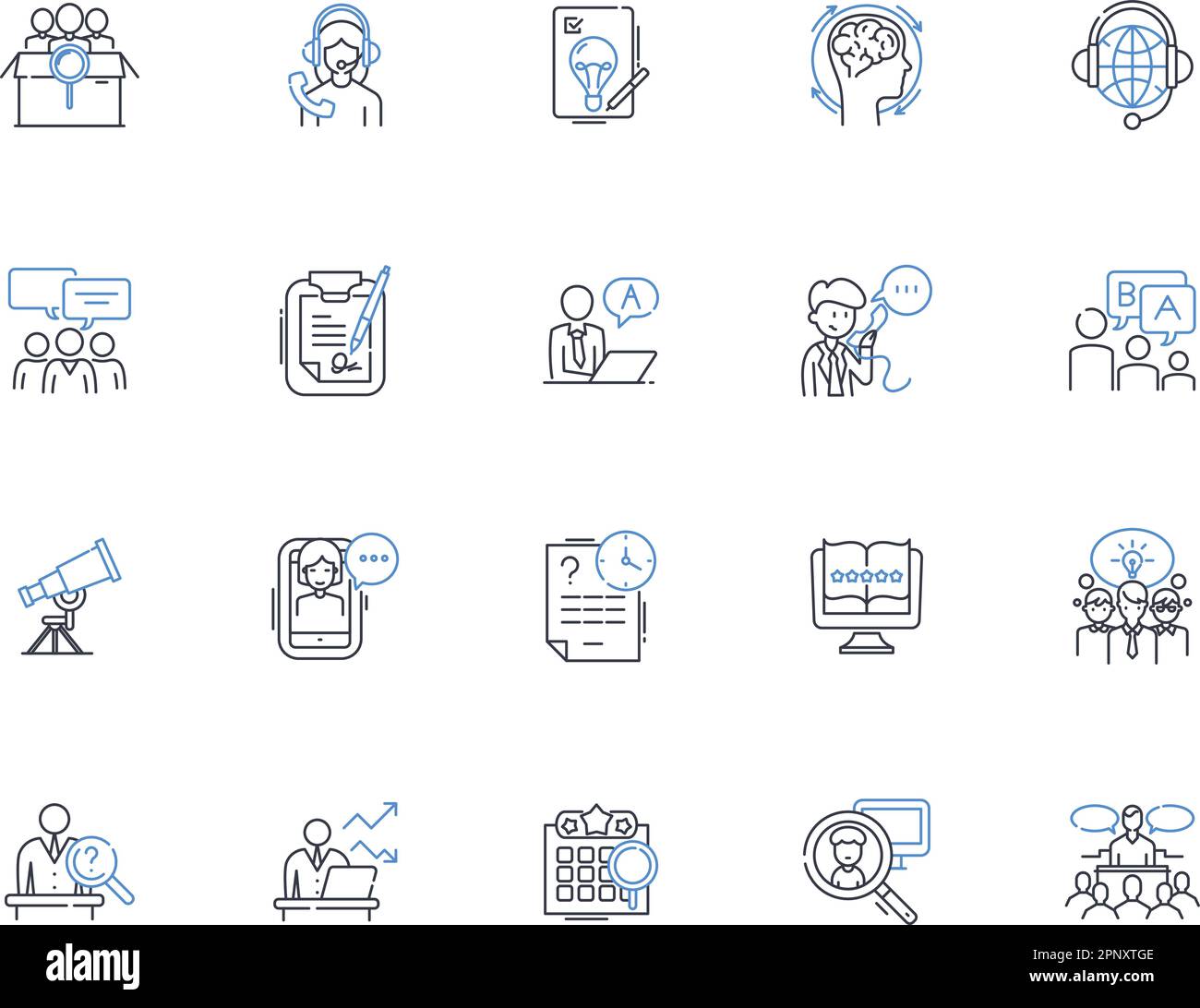Analyzing and explanations line icons collection. Interpretation, Clarification, Illustration, Rationalization, Demonstration, Elucidation Stock Vector