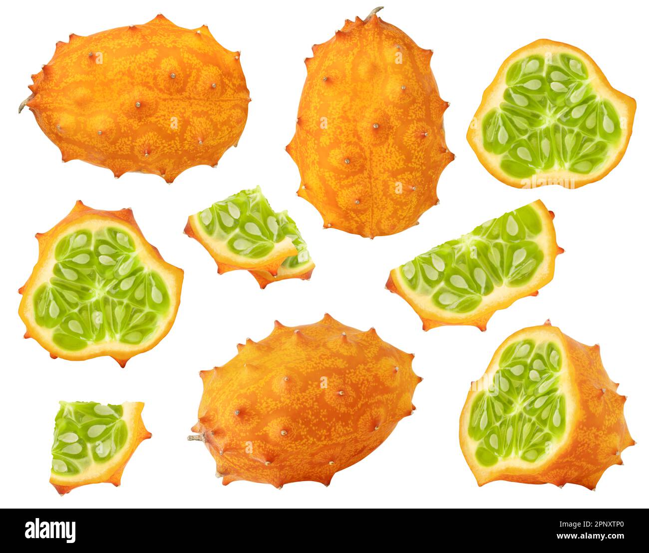 Isolated kiwanos. Collection of whole and cut kiwano melon fruit of