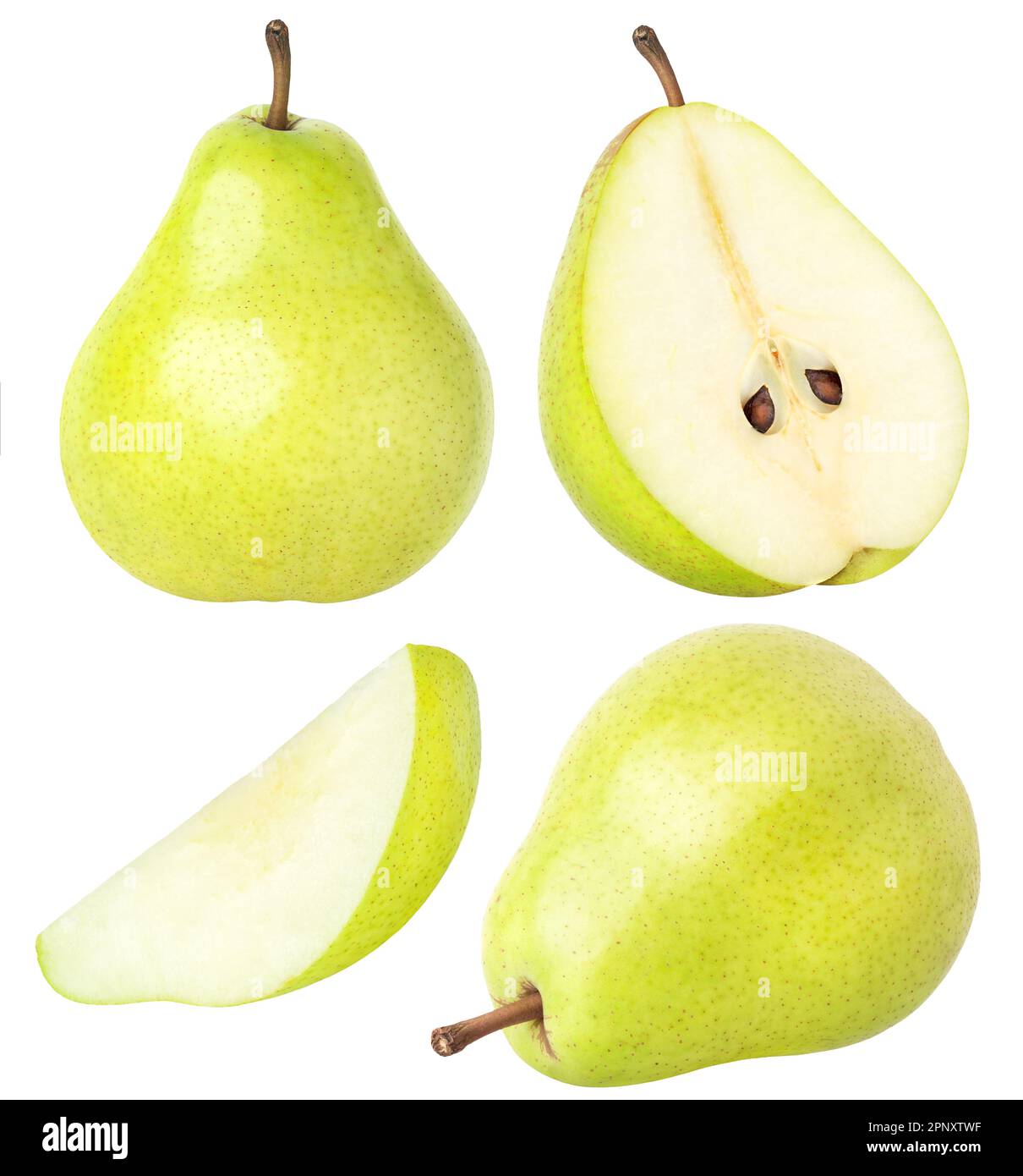 Isolated pears. Collection of whole and sliced pear fruits with leaves