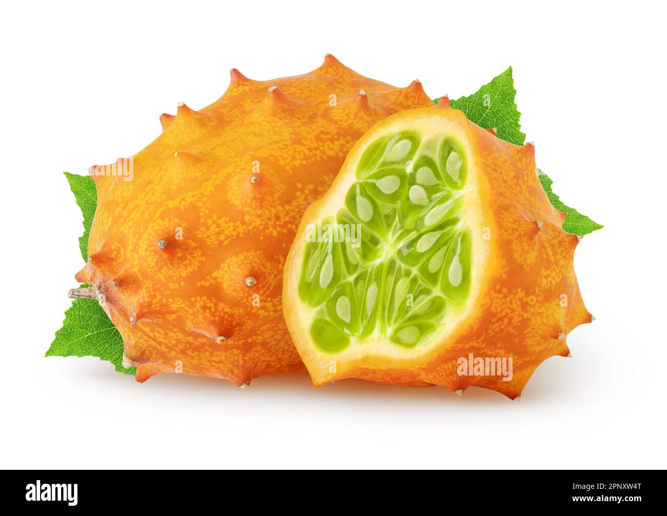 Isolated kiwanos. One fresh kiwano melon fruit and a half with leaves